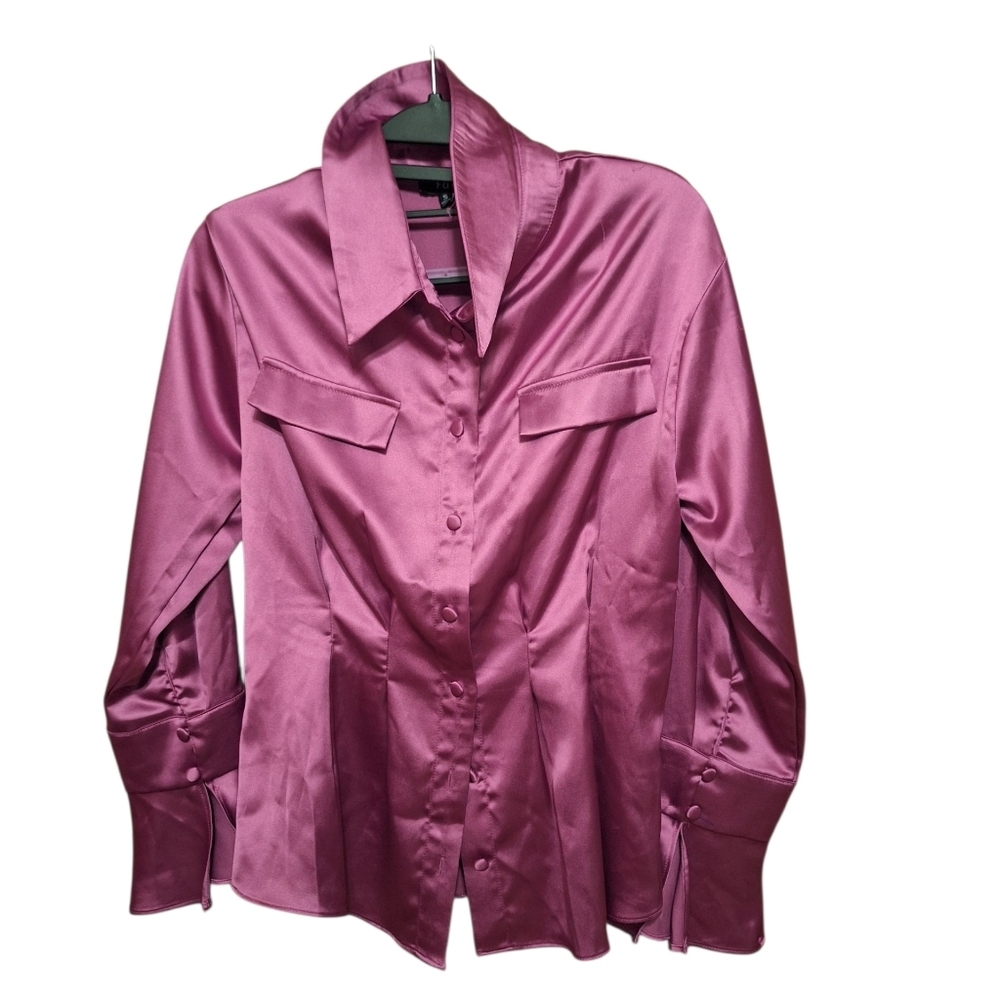 Fate Satin Button Down Fuchsia Silky Evening Blouse Ladies Small Holiday GLAM